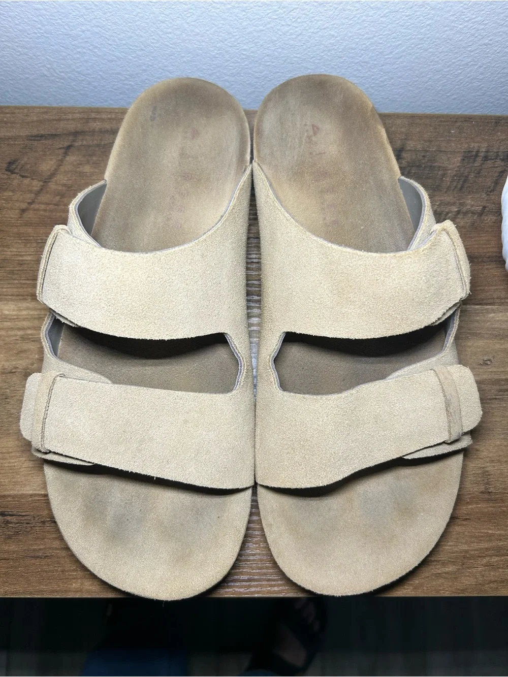 Suede Double-Strap Slide Sandals in Beige